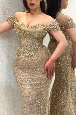 Sparkly Champagne Mermaid Sweetheart Beaded Off-The-Shoulder Long Prom Evening Dresses With Pearls