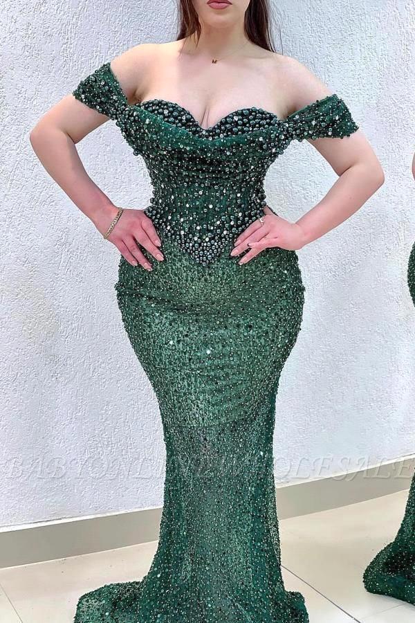 Sparkly Champagne Mermaid Sweetheart Beaded Off-The-Shoulder Long Prom Evening Dresses With Pearls