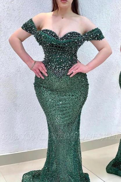 Sparkly Champagne Mermaid Sweetheart Beaded Off-The-Shoulder Long Prom Evening Dresses With Pearls