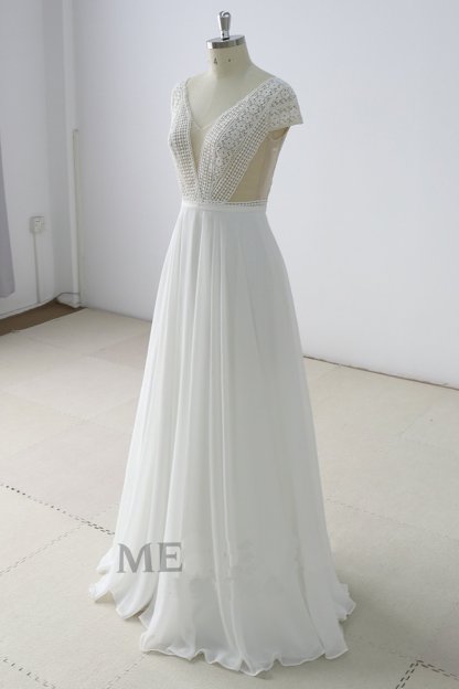BMbridal Gorgeous White Lace Backless V-Neck Long Wedding Dress Sleeveless Appliques Bridal Gowns On Sale-BMbridal
