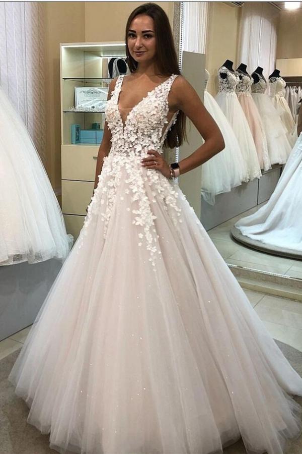 Simple Long A-Line 3D Floral Wedding Dress with V-Neck Tulle