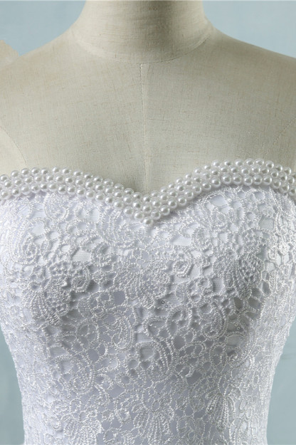 BMbridal Affordable Strapless Tulle Lace Wedding Dresses Sweetheart Sleeveless Bridal Gowns with Pearls Online-BMbridal