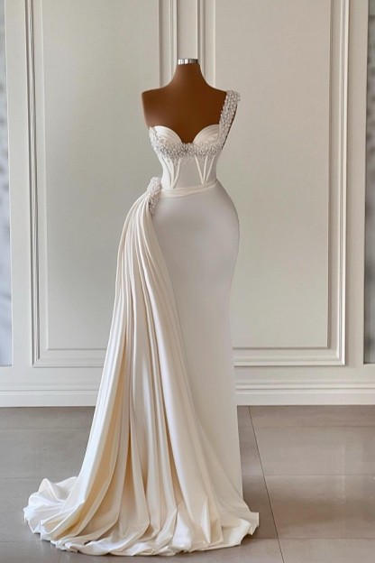 Bmbridal One Shoulder Mermaid Prom Dress Long With Pearls