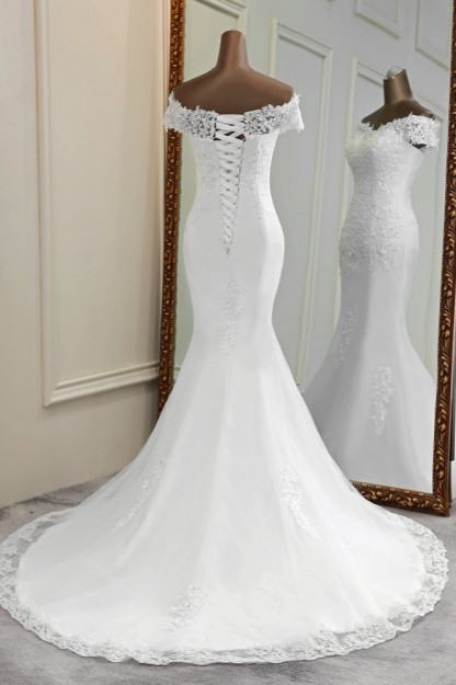 BMbridal Glamorous Sweetheart Lace Beading Wedding Dresses Short Sleeves Appliques Mermaid Bridal Gowns-BMbridal