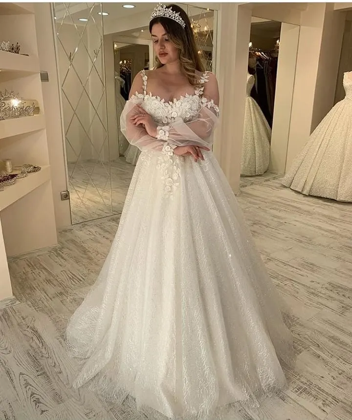 Glitter Spaghetti-Straps Sweetheart A-Line Long Wedding Dress with Sleeves