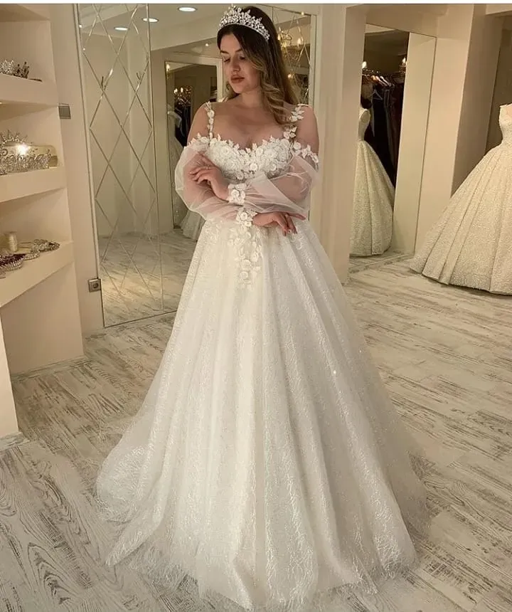 Glitter Spaghetti-Straps Sweetheart A-Line Long Wedding Dress with Sleeves