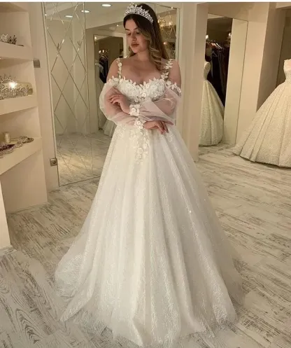 Glitter Spaghetti-Straps Sweetheart A-Line Long Wedding Dress with Sleeves