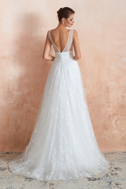 BMbridal Fantastic V-Neck Sleeveless White Appliques Wedding Dress With Pearls