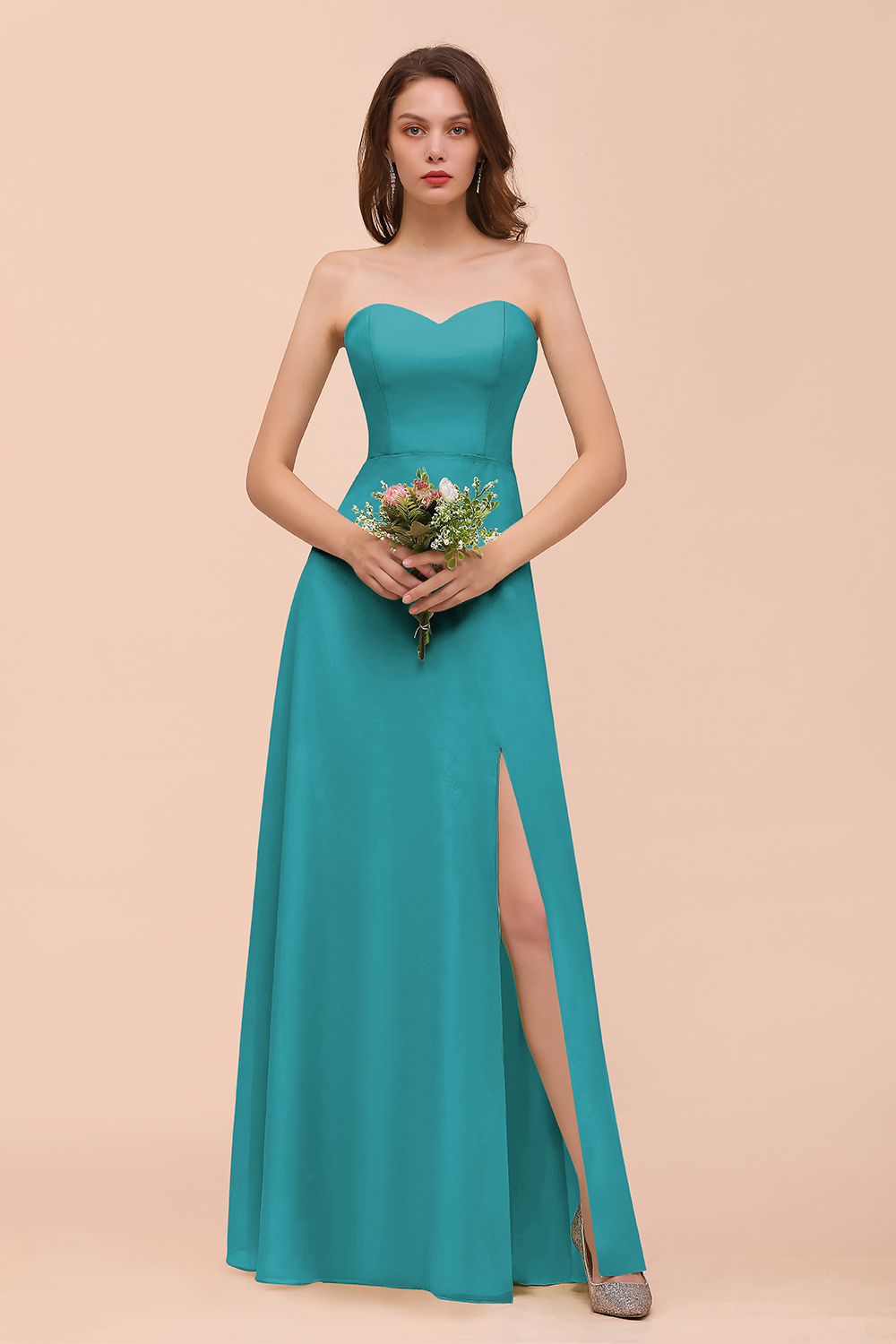 BMbridal Affordable Strapless Front Slit Long Dusty Sage Bridesmaid Dress-BMbridal