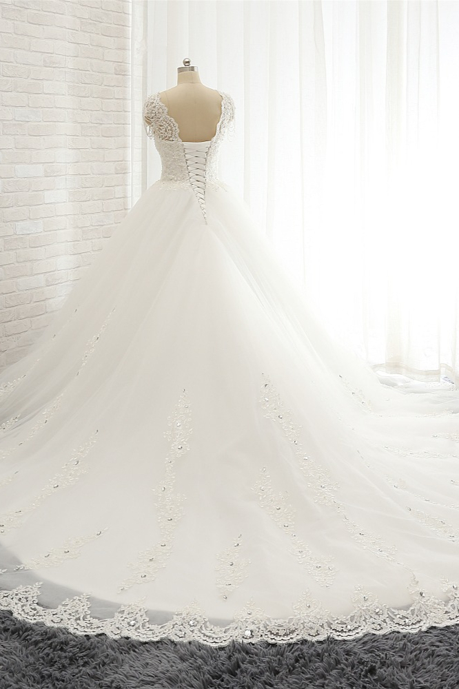 BMbridal Glamorous V neck Straps White Wedding Dresses With Appliques A line Sleeveless Tulle Bridal Gowns Online-BMbridal