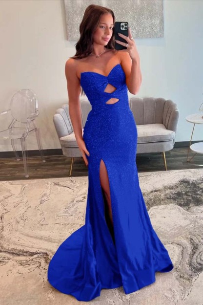 Strapless Sleeveless Mermaid Long Prom Dress With Split Sequins