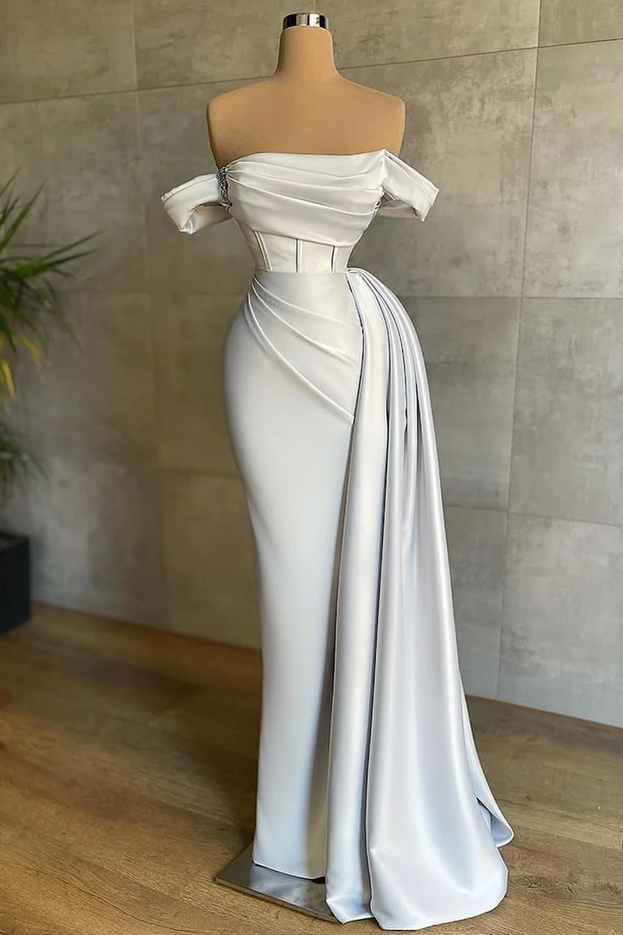 Stunning White Strapless Mermaid Pleated Long Prom Dress Off the Shoulder