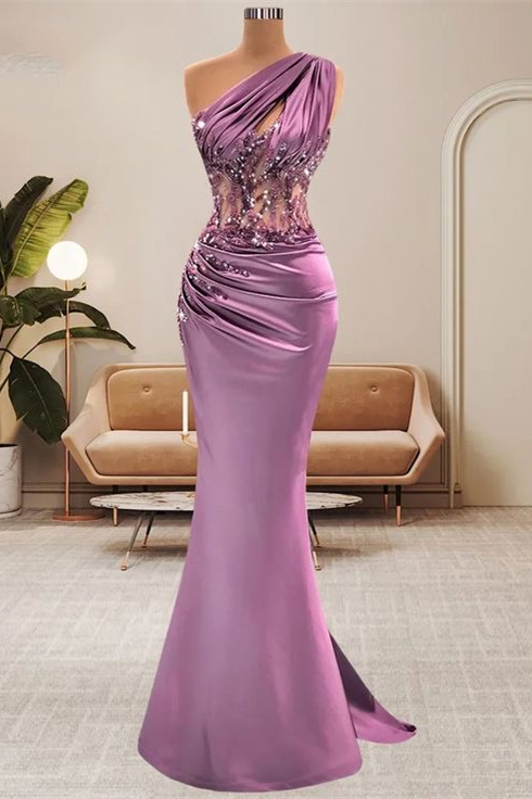 Wisteria One Shoulder Mermaid Prom Dress Sleeveless With Beads