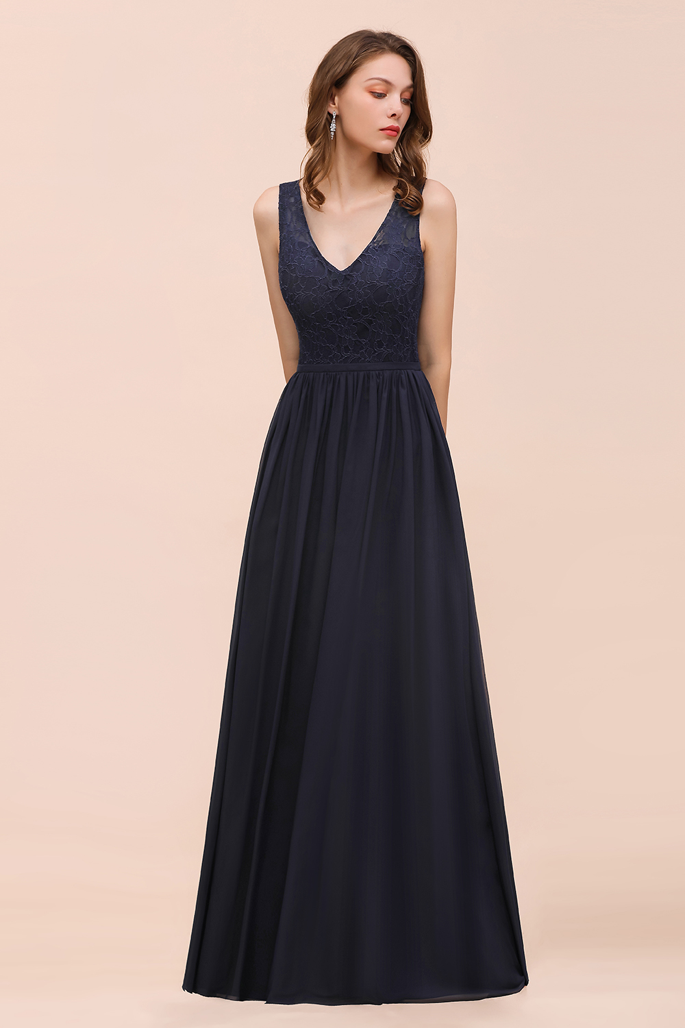BMbridal Affordable Lace V-Neck Navy Bridesmaid Dress with Open Back-BMbridal