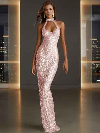 Glamorous Gold Sequin Halter Neck Mermaid Long Prom Dress
