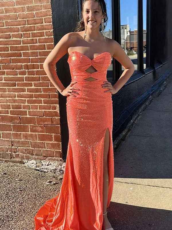 Light Yellow Mermaid Strapless Keyholes Prom Dress with Beads