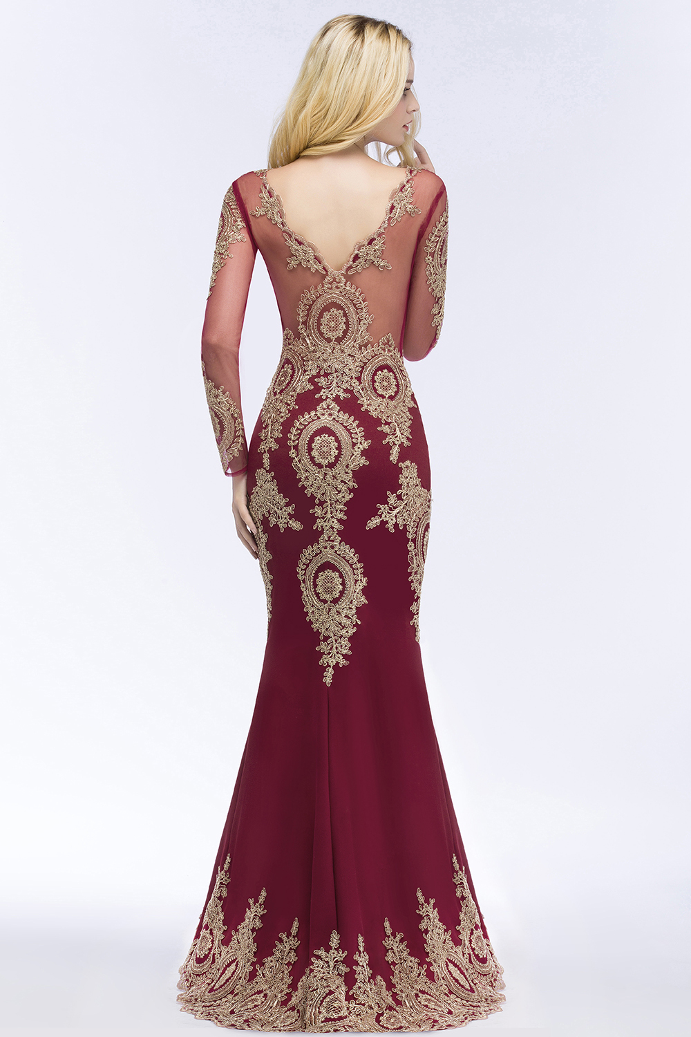 BMbridal Glamorous Long Sleeve Mermaid Prom Dress Long Evening Party Gowns With Lace Appliques
