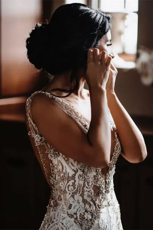 Sheer Straps Chapel Mermaid Train Lace Wedding Dress with Beadings