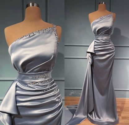 Bmbridal Silver One Shoulder Mermaid Prom Dress Long With Beads