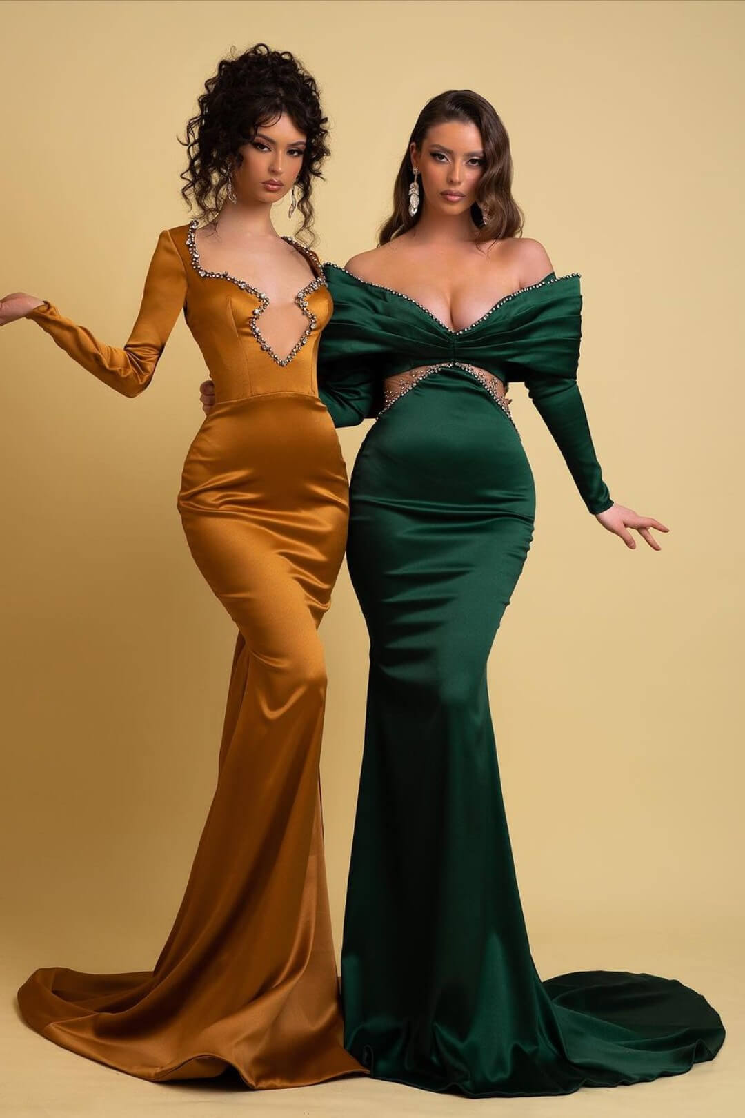 Classy Mermaid Off-the-shoulder Long Sleeve Rhinestone Satin Prom Dress