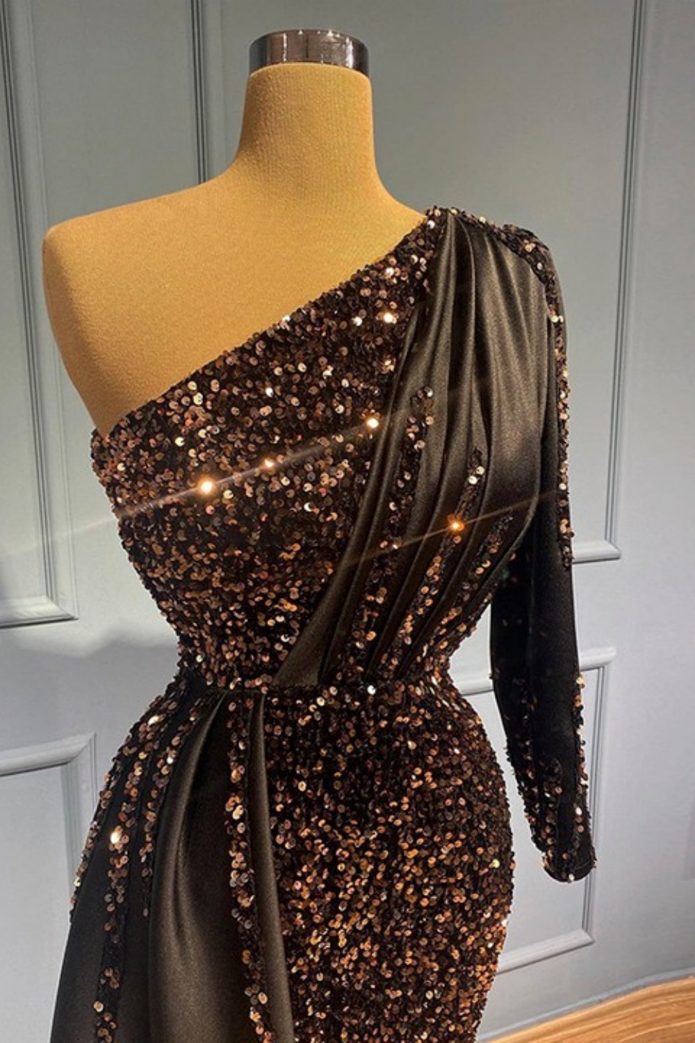 Bmbridal Black One Shoulder Long Sleeves Floor-Length Stain Prom Dresses with Sequins-BMbridal