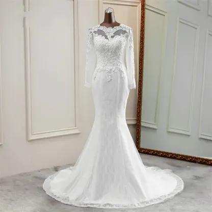 Classic Mermaid Jewel Long Sleeves Wedding Dress with Tulle