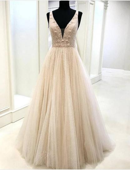 BMbridal Sexy V-Neck Sleeveless Tulle Prom Dress Long Evening Gowns Online