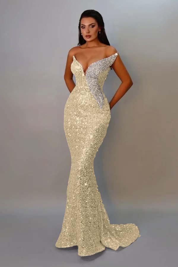 Sequins Strapless Sleeveless Long Mermaid Prom Dress With Pleated