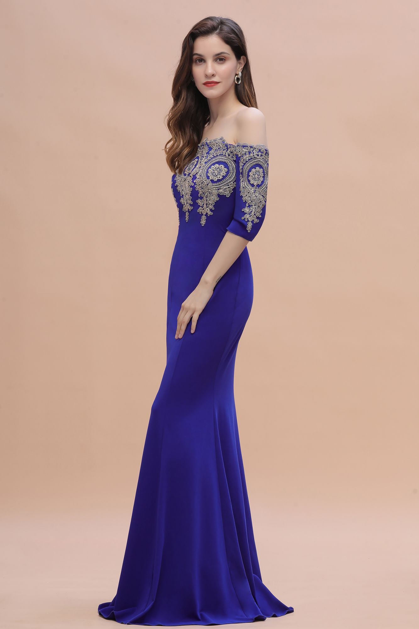 BMbridal Mermaid Off-Shoulder Chiffon Lace Half Sleeve Evening Dress
