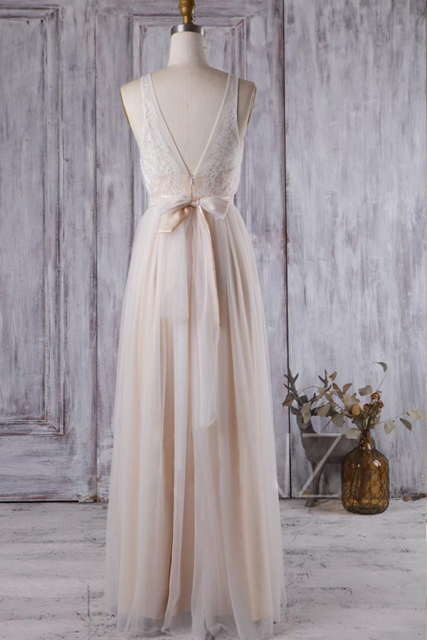 BMbridal Chic Tulle Lace Wedding Dress Ruffle V-neck Sleeveless Bridal Gowns On Sale-BMbridal