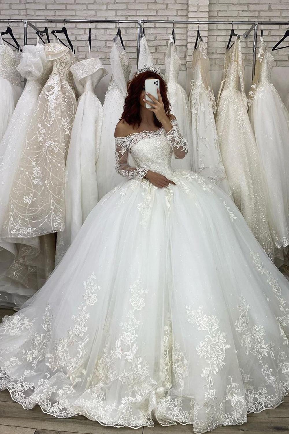 BMbridal Long Sleeves Off-the-Shoulder Wedding Dress Ball Gown With Lace Appliques-BMbridal