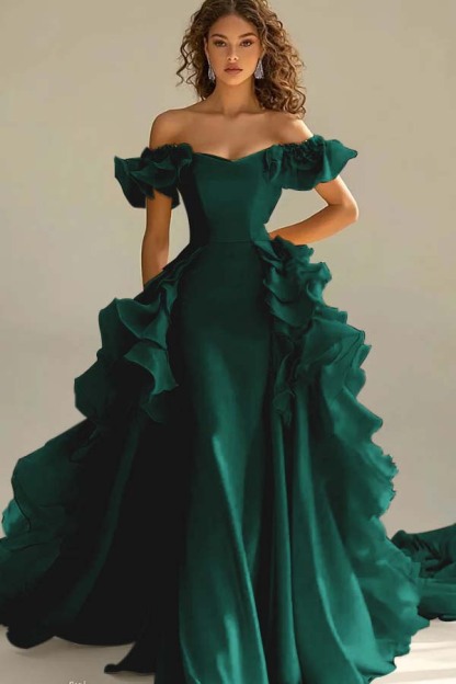 Off the Shoulder Sleeveless Long Mermaid Prom Dress With Ruffles