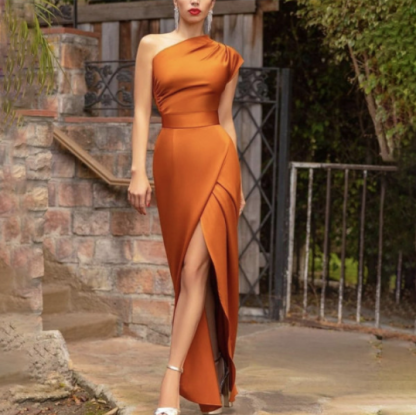 Bmbridal Burnt Orange One Shoulder Prom Dress Long With Slit
