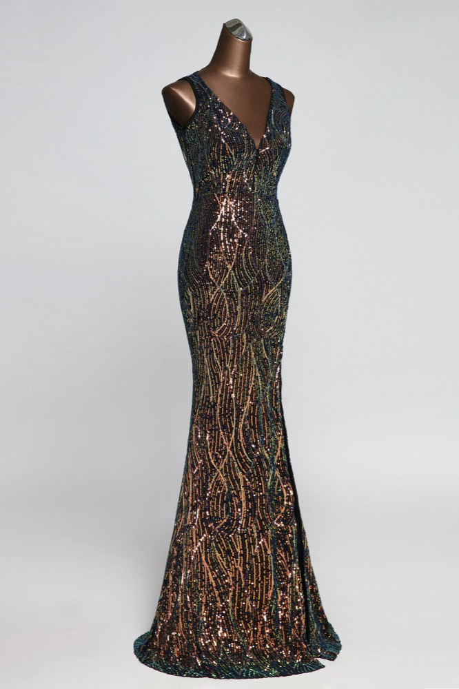 BMbridal Luxury V-Neck Backless Sequins Mermaid Prom Dresses with Front Slit