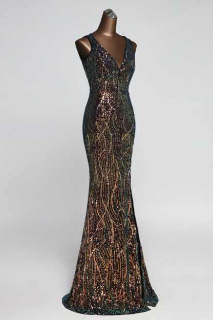 BMbridal Luxury V-Neck Backless Sequins Mermaid Prom Dresses with Front Slit