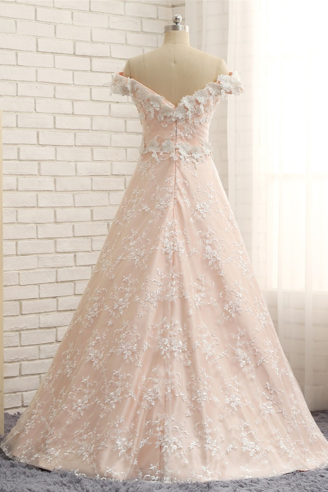 BMbridal Chic Off-the-shoulder Pink A-line Wedding Dresses With Appliques V-neck Lace Bridal Gowns Online-BMbridal