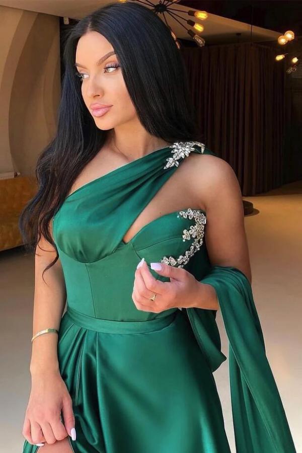 Bmbridal Dark Green One Shoulder Prom Dress Mermaid Long With Slit