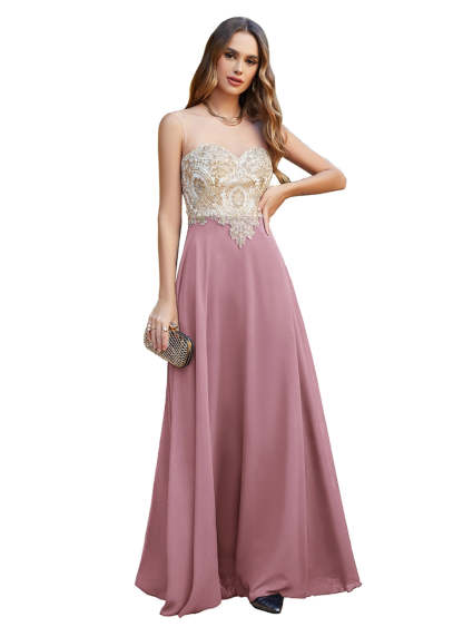 A-line Scoop Chiffon Appliques Floor-Length Dresses Dark Navy-BMbridal