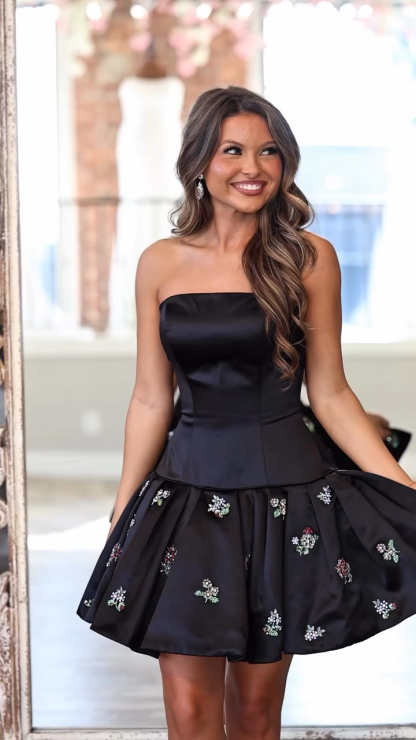 Strapless Satin Corset Homecoming Dress Floral Crystal Embroidered Drop Waist Pleated Mini Pockets