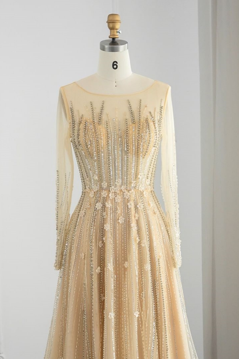 Bmbridal Champagne A-Line Long Sleeves Scoop Prom Dresses with Ruffles