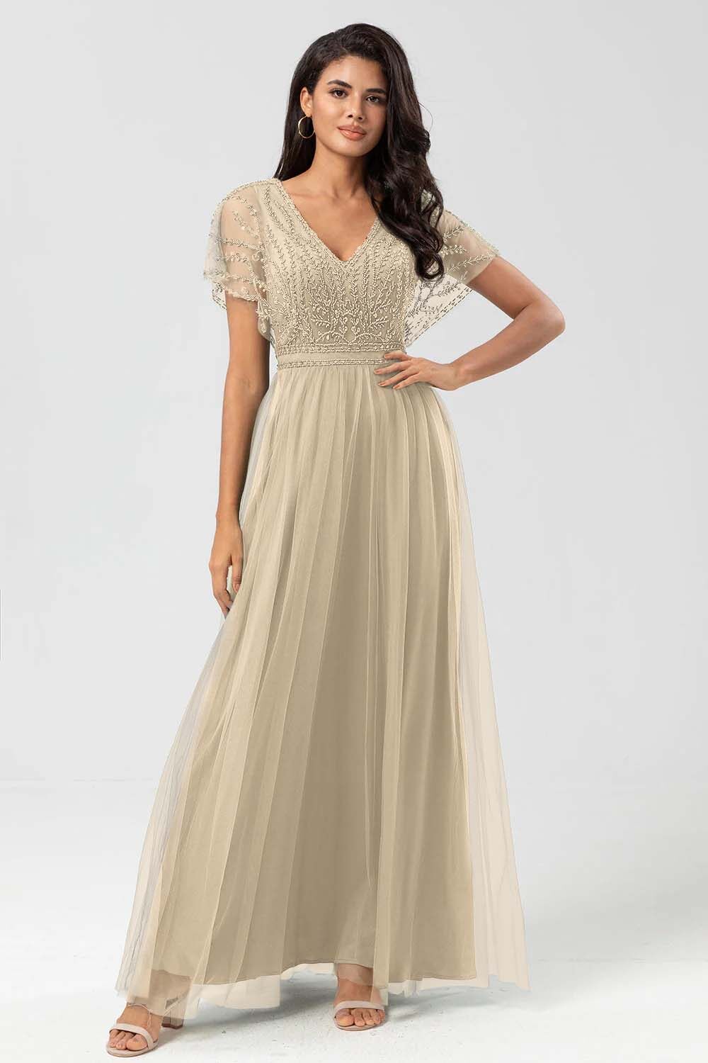 Tulle Short Sleeves V Neck A Line Long Prom Dress With Appliques