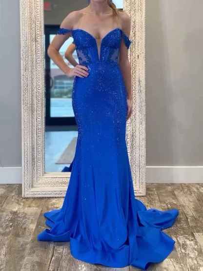 Off the Shoulder Prom Gowns for Women Mermaid Royal Blue Evening Dress