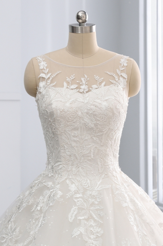 BMbridal Affordable Ball Gown Jewel Tulle Lace Wedding Dress Ruffles Sleeveless Appliques Bridal Gowns Online-BMbridal
