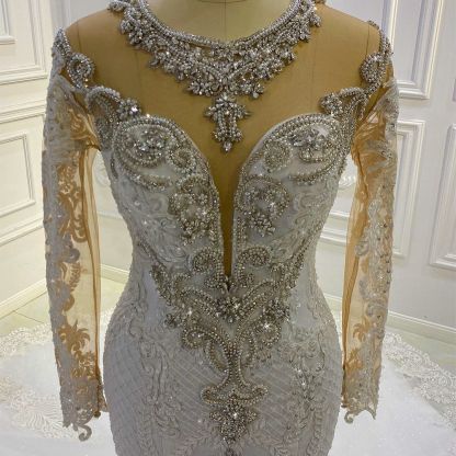 Gorgeous Long Sleeves Pearl Sequins Bateau Mermaid Wedding Dress with Lace Appliques Beading