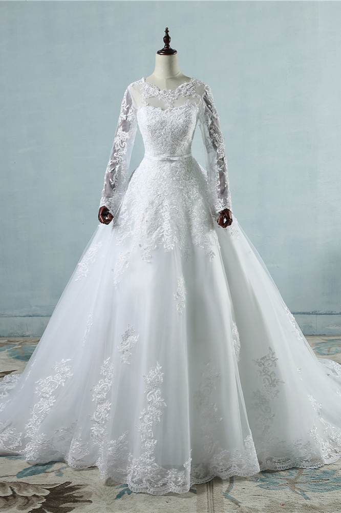 BMbridal Elegant Jewel Tulle Lace Wedding Dress Long Sleeves Appliques A-Line Bridal Gowns On Sale