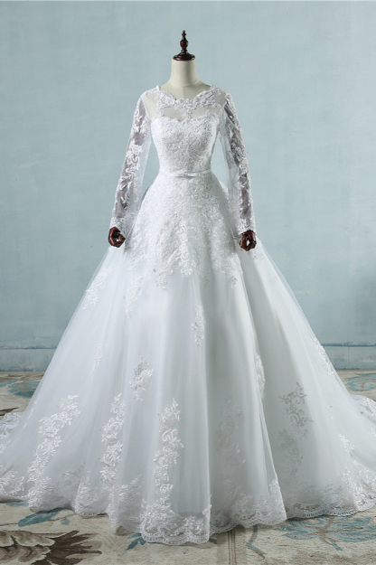 BMbridal Elegant Jewel Tulle Lace Wedding Dress Long Sleeves Appliques A-Line Bridal Gowns On Sale