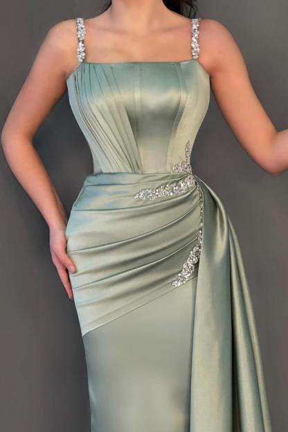 BMbridal Dusty Sage Straps Prom Dress Mermaid Sleeveless With Beads