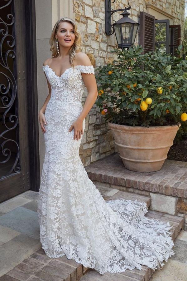 BMbridal Lace Appliques Wedding Dress Mermaid Off-the-Shoulder-BMbridal