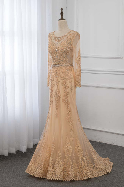 BMbridal Luxury Jewel Long Sleeves Mermaid Prom Dresses with Rhinestone Appliques Online