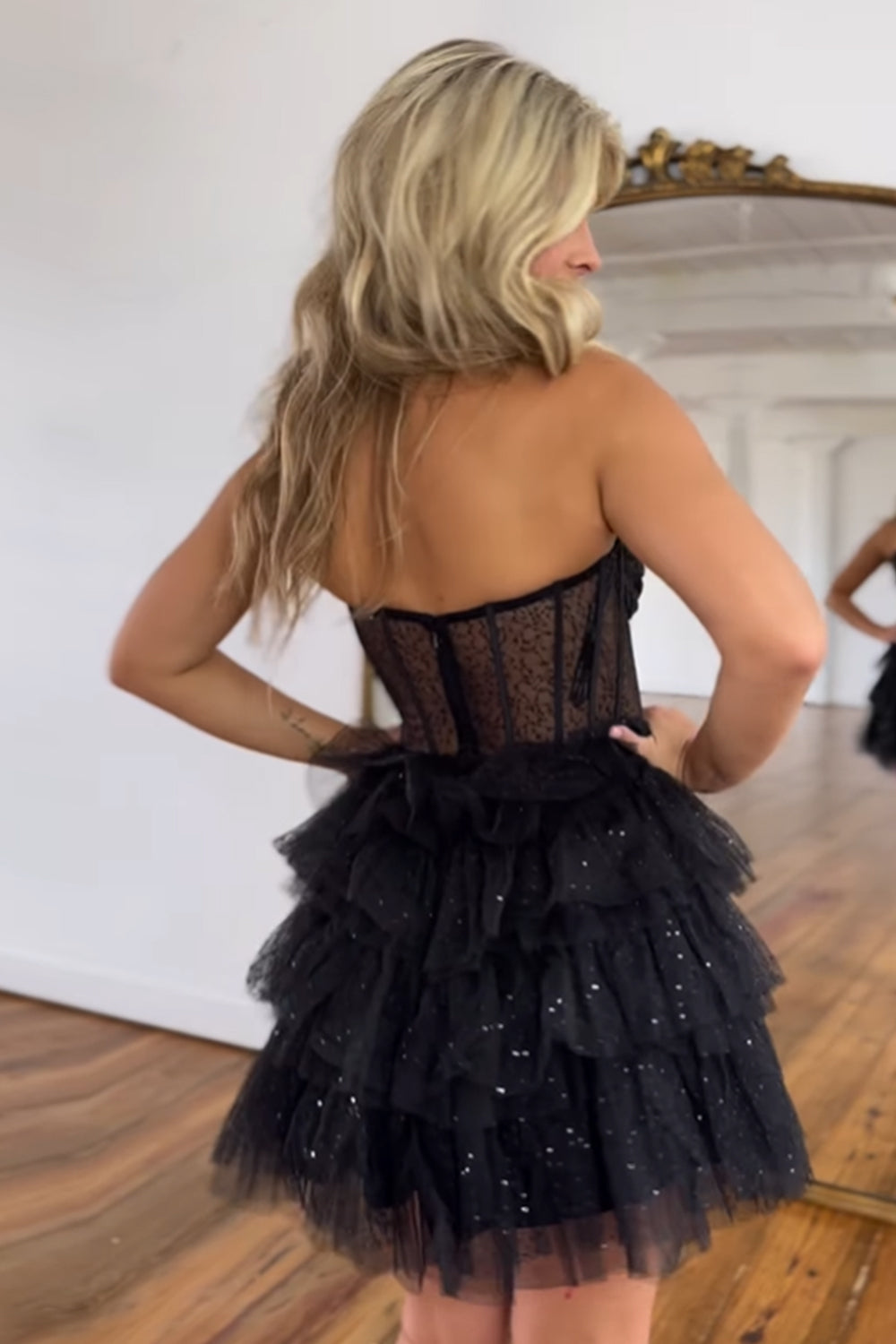 Glitter Black Corset Tiered A-Line Tulle Short Homecoming Dress-BMbridal